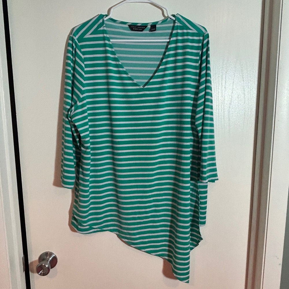 Susan Graver Every Day Green White Striped Asymmetric V-Neck Top XL